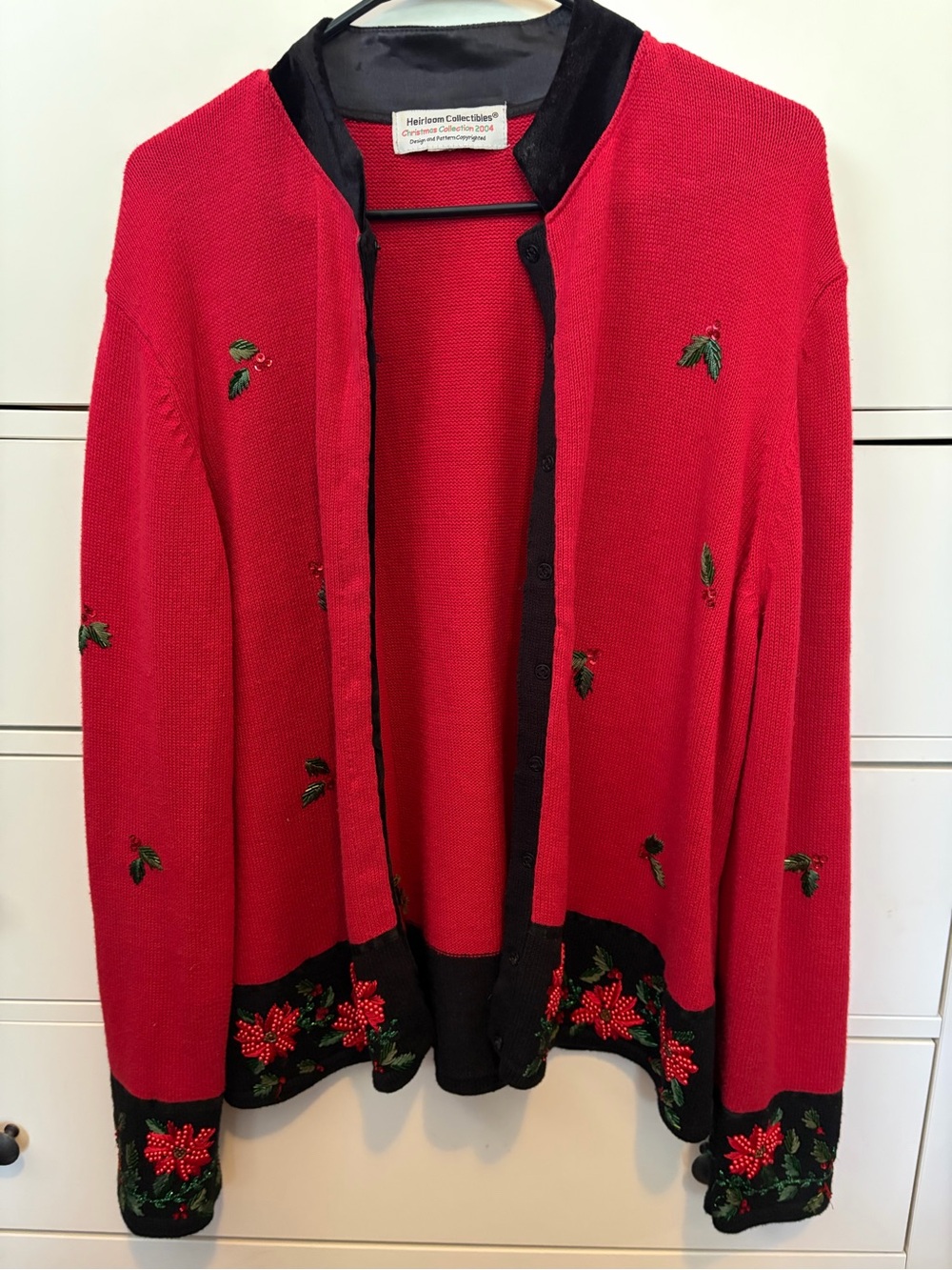 Heirloom Collectibles Red Beaded Embroidered Cardigan Sweater with Black Trim